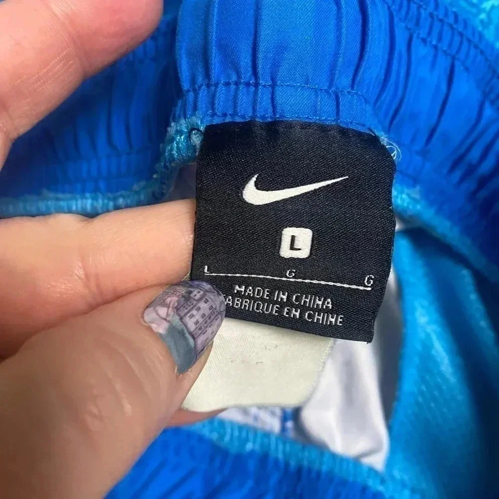 Nike Men's Blue Pull On Swim Trunk Board Shorts Unlined Logo Print Shorts Large